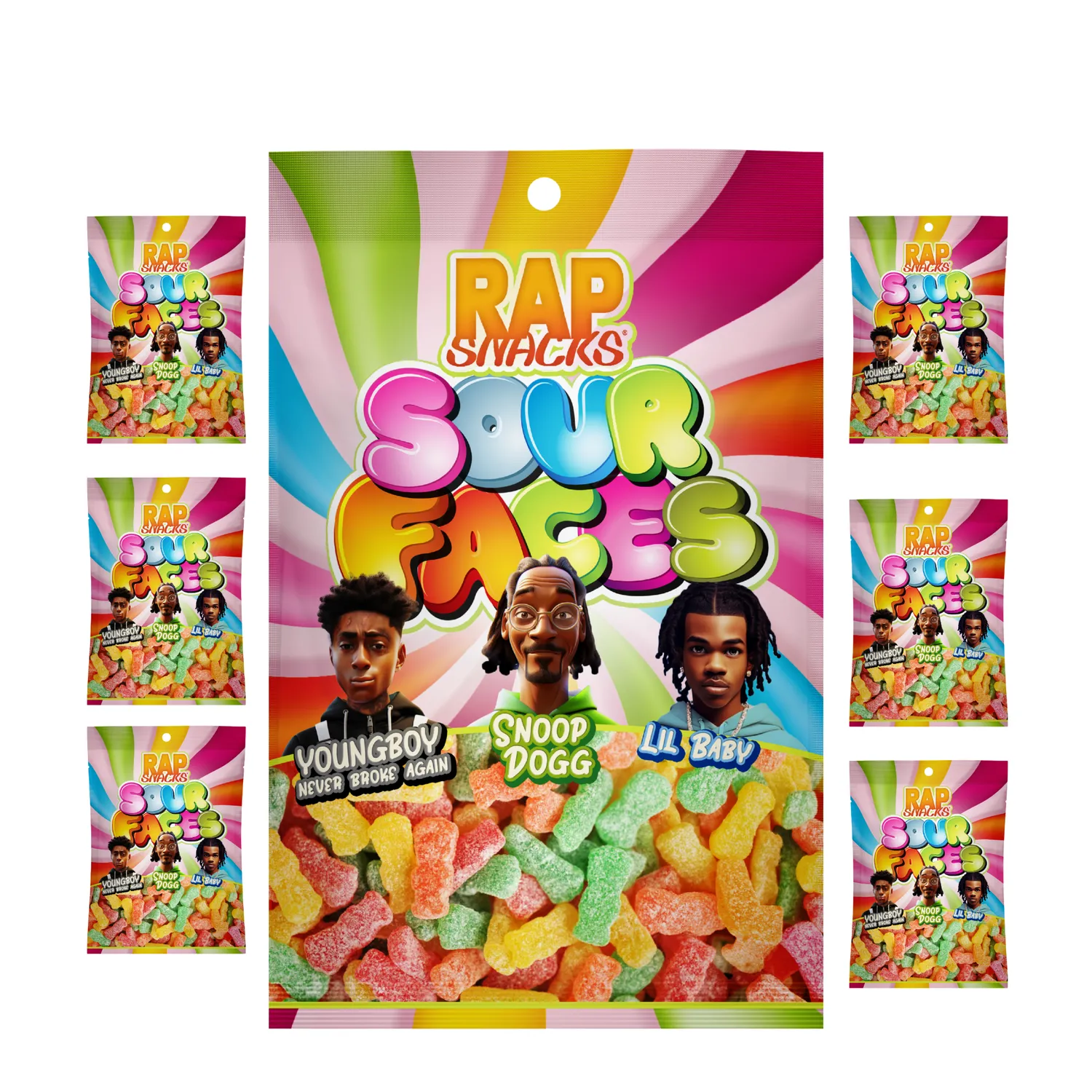 Rap Snacks Sour Gummy Candy Faces surt godis