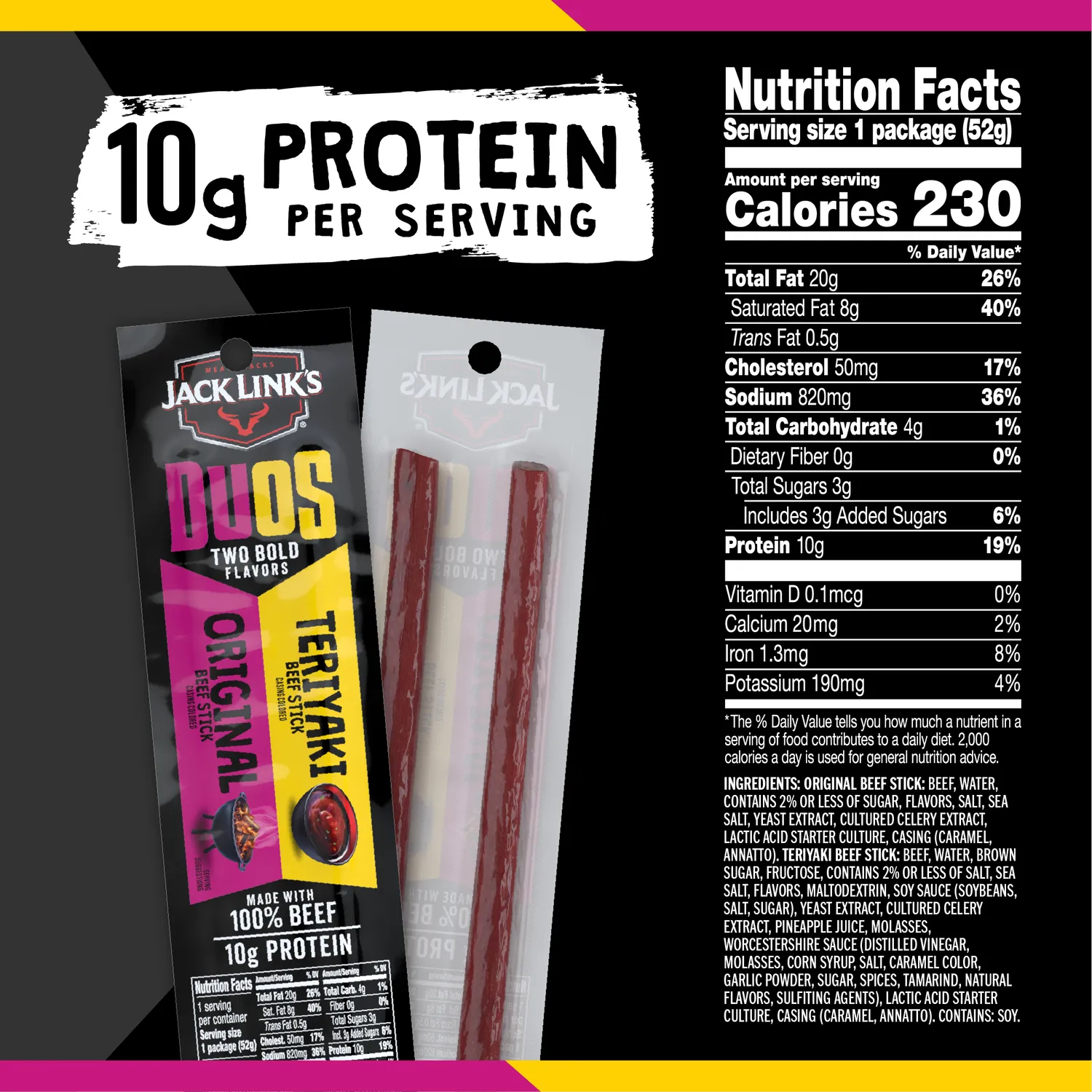 Jack Link's Duos Original Teriyaki beef sticks protein